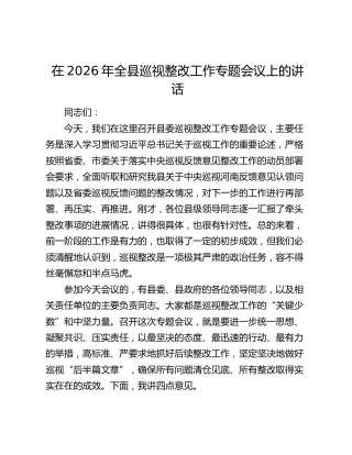 在2026年全县巡视整改工作专题会议上的讲话