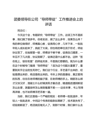 团委领导在公司“导师带徒”工作推进会上的讲话