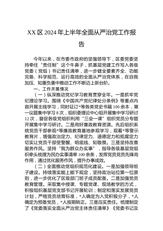 XX区2024年上半年全面从严治党工作报告