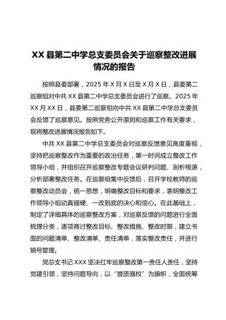 XX县第二中学总支委员会关于巡察整改进展情况的报告
