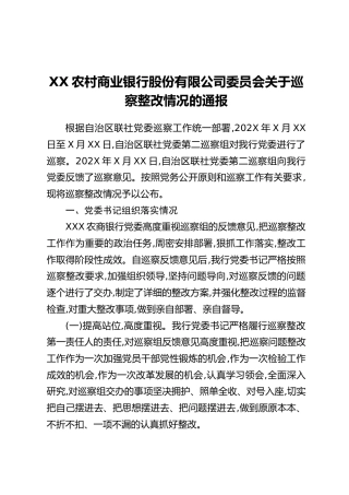 XX农村商业银行股份有限公司委员会关于巡察整改情况的报告