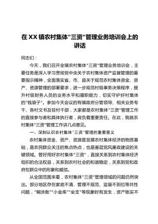 在XX镇农村集体“三资”管理业务培训会上的讲话