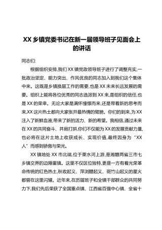 XX乡镇党委书记在新一届领导班子见面会上的讲话