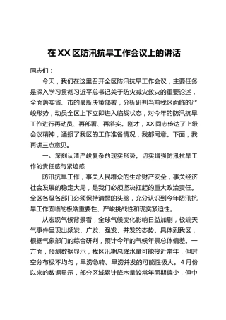 在XX区防汛抗旱工作会议上的讲话