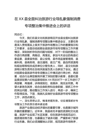 在XX县全面纠治旅游行业导乱象强制消费专项整治集中推进会上的讲话