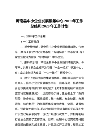 沂南县中小企业发展服务中心2019年工作总结和2020年工作计划