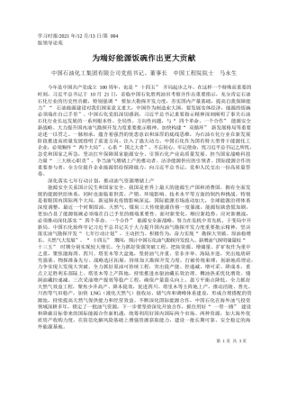 中国石油化工集团有限公司党组书记、董事长中国工程院院士马永生：为端好能源饭碗作出更大贡献