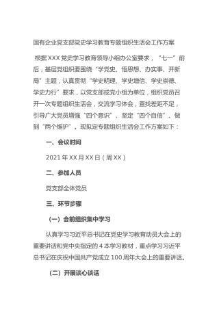 国有企业党支部党史学习教育专题组织生活会工作方案