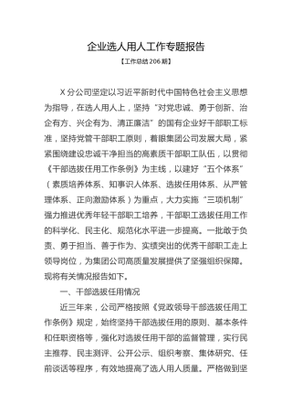 工作总结206期-企业选人用人工作专题报告
