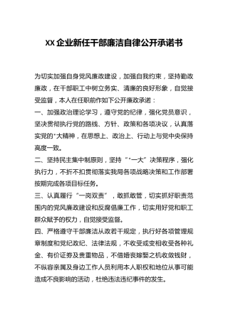 XX企业新任干部廉洁自律公开承诺书
