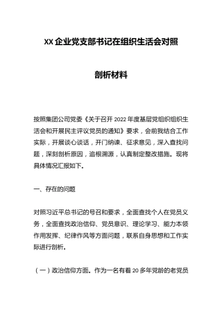XX企业党支部书记在组织生活会对照剖析材料