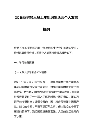 XX企业财务人员上年组织生活会个人发言提纲