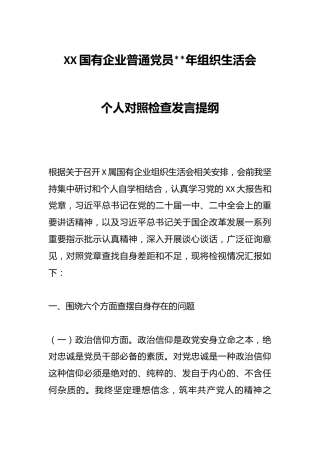 XX国有企业普通党员202X年组织生活会个人对照检查发言提纲