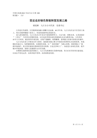 谢道雄九江分公司代表党委书记：坚定走好绿色智能转型发展之路