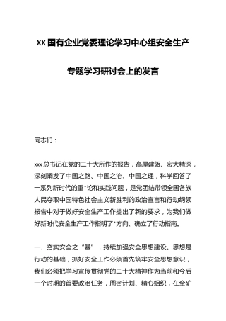 XX国有企业党委理论学习中心组安全生产专题学习研讨会上的发言