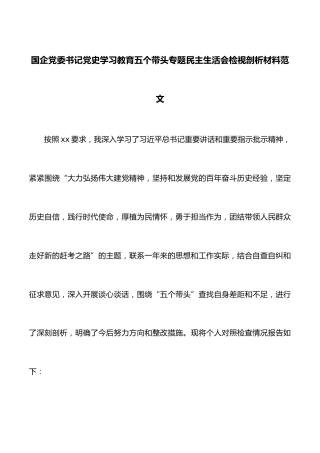 个人对照检查X教育五个带头专题X生活会检视剖析材料范文国有企业集团公司检视发言提纲