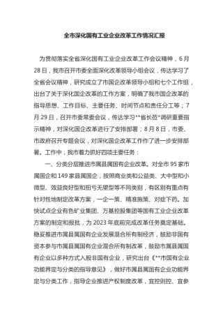 全市深化国有工业企业改革工作情况汇报