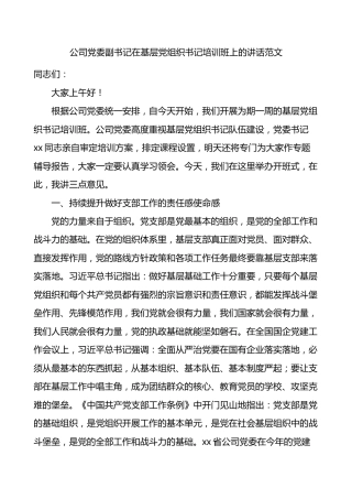 公司党委副书记在基层党组织书记培训班上的讲话范文开班仪式集团企业