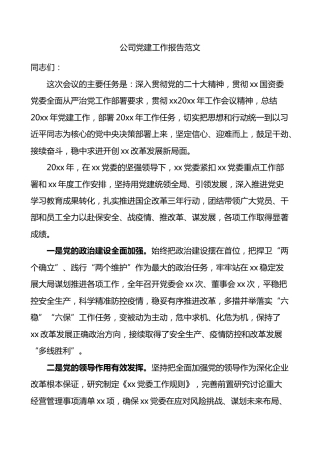 公司党建工作报告范文集团国有企业国企党建工作汇报报告工作计划思路
