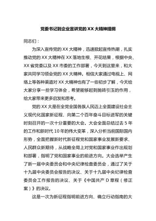 党委书记到企业宣讲党的盛会精神提纲