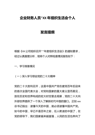 企业财务人员20XX年组织生活会个人发言提纲