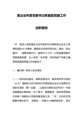 某企业年度党委书记抓基层党建工作述职报告