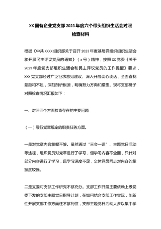 XX国有企业党支部2023年度六个带头组织生活会对照检查材料