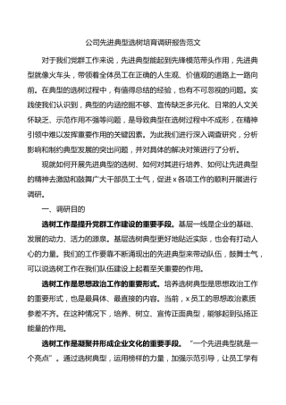 公司先进典型选树培育调研报告国有企业培养