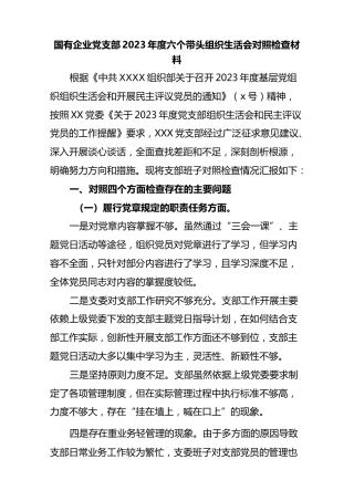 落实上级党组织工作部署方面存在的问题国有企业党支部2023年度六个带头组织生活会对照检查材料【官