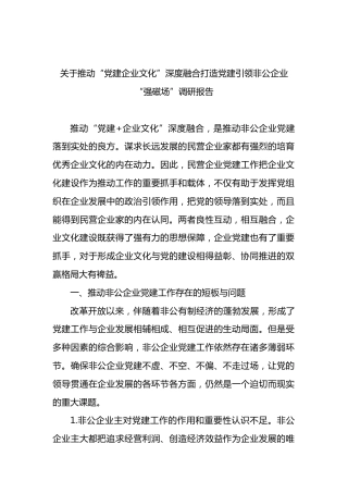 推动“党建企业文化”深度融合打造党建引领非公企业“强磁场”调研报告