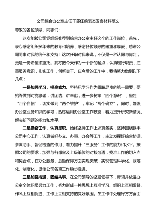 公司综合办公室主任干部任前表态发言材料范文企业新任职新当选