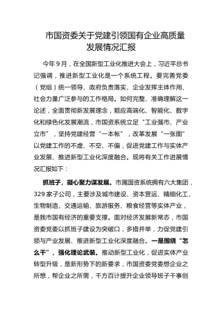 市国资委党建引领国有企业高质量发展情况汇报