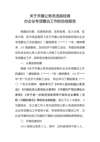 关于开展公务员违规经商办企业专项整治工作的总结报告