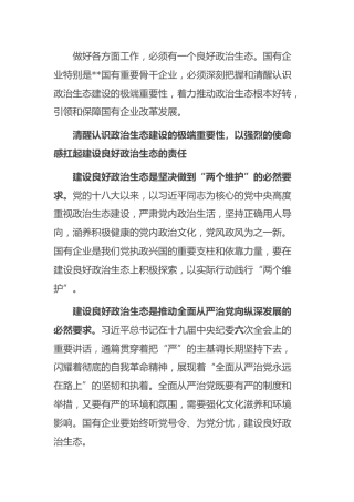 党组书记工作汇报：国有企业如何加强政治生态建设1