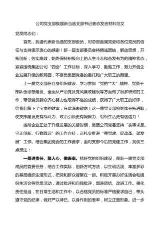 公司支部换届新当选支部书记表态发言材料企业团队