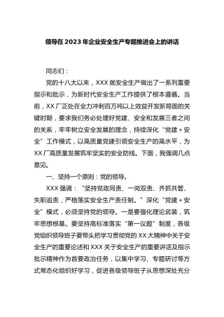 领导在2023年企业安全生产专题推进会上的讲话