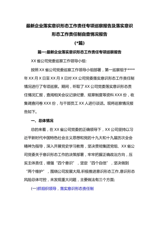 (2篇)最新企业落实意识形态工作责任专项巡察报告及落实意识形态工作责任制自查情况报告