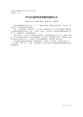 巴陵石化分公司执行董事、党委书记邬智勇：争当合成材料高质量发展排头兵