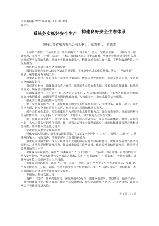 2020.06.11国网江苏省电力有限公司董事长、党委书记肖世杰：系统务实抓好安全生产构建良好安全生态体系