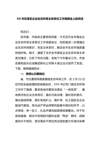 市在落实企业生态环保主体责任工作视频会上的讲话