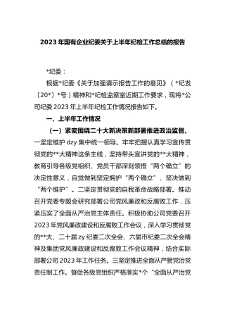 2023年国有企业纪委上半年纪检工作总结的报告