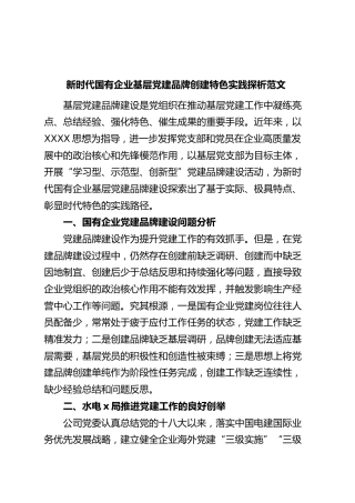 新时代国有企业基层党建品牌创建特色实践论文（集团公司，调研报告）