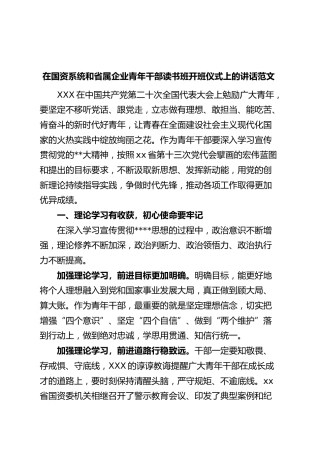 在国资系统和省属企业青年干部读书班开班仪式上的讲话公司