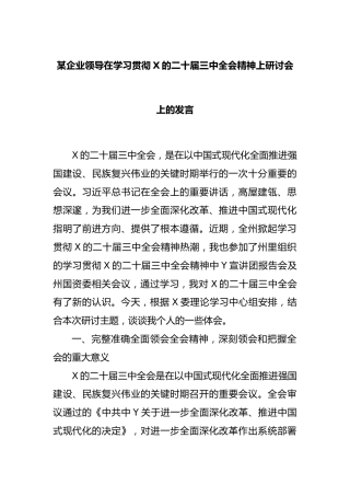 企业领导在学习贯彻的二十届三中全会精神上研讨会上的发言