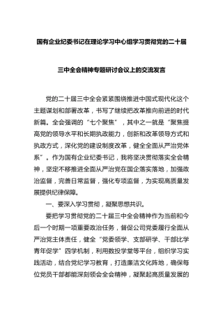 国有企业纪委书记在理论学习中心组学习贯彻党的二十届三中全会精神专题研讨会议上的交流发言