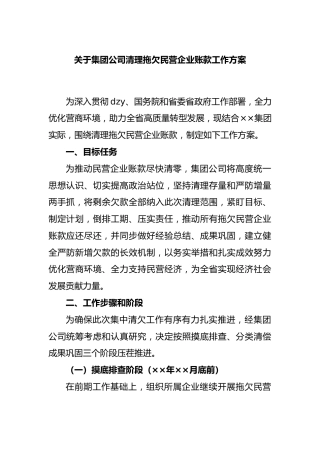 集团公司清理拖欠民营企业账款工作方案