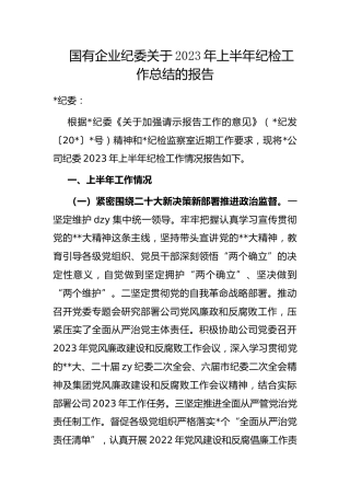 国有企业纪委2023年上半年纪检工作总结的报告