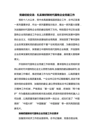 党建经验交流：扎实做好新时代国有企业党建工作