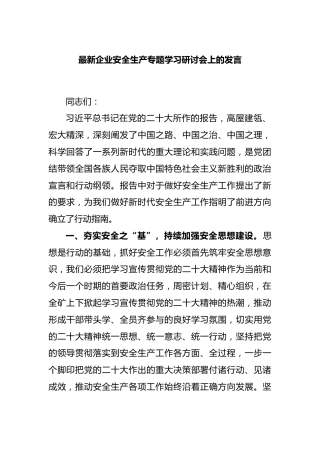 最新企业安全生产专题学习研讨会上的发言