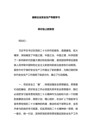 企业安全生产专题学习研讨会上的发言